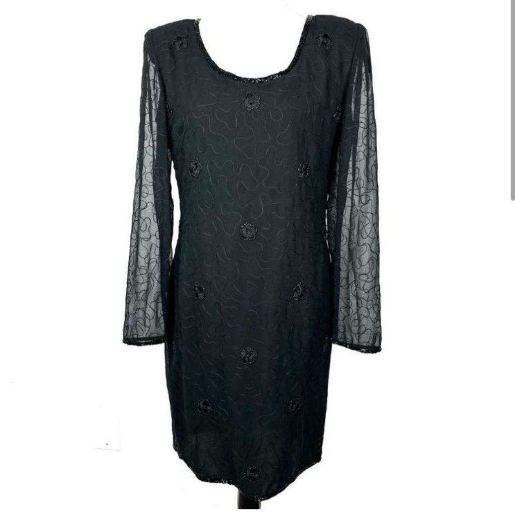 Euc Vintage Beaded Drama Black Beaded Long Sleeve Dress Size Medium